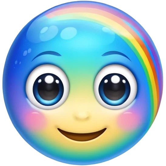 blue planet with rainbow colored rings and a cute smiling face with big eyes emoji