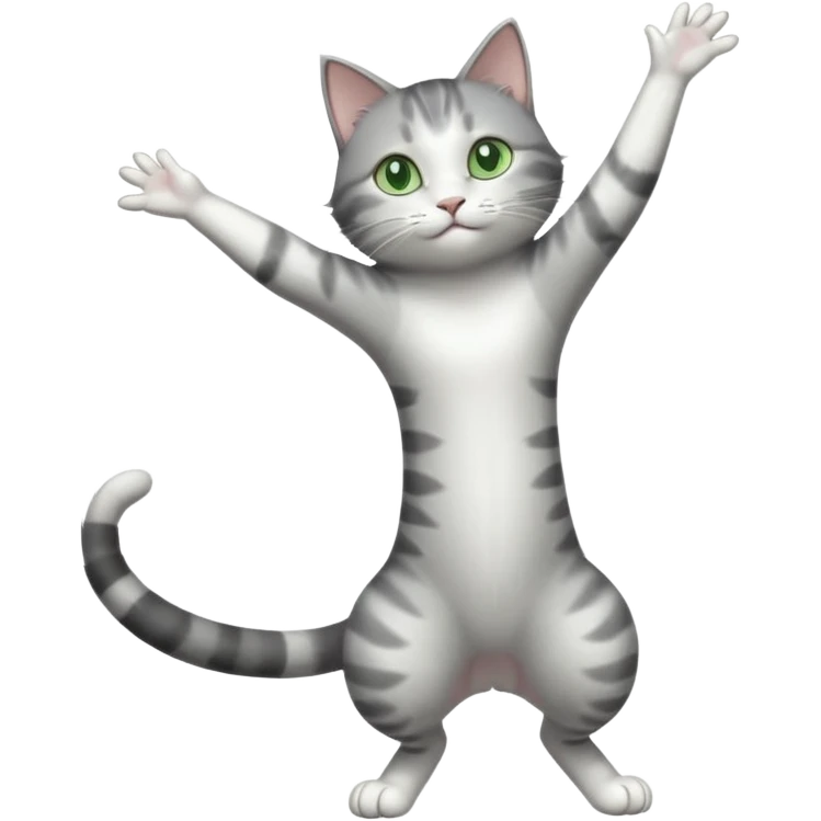grey and white cat with green eyes doing a big extremely long stretch reaching up into the air with arms and legs side by side together straight and overextended emoji