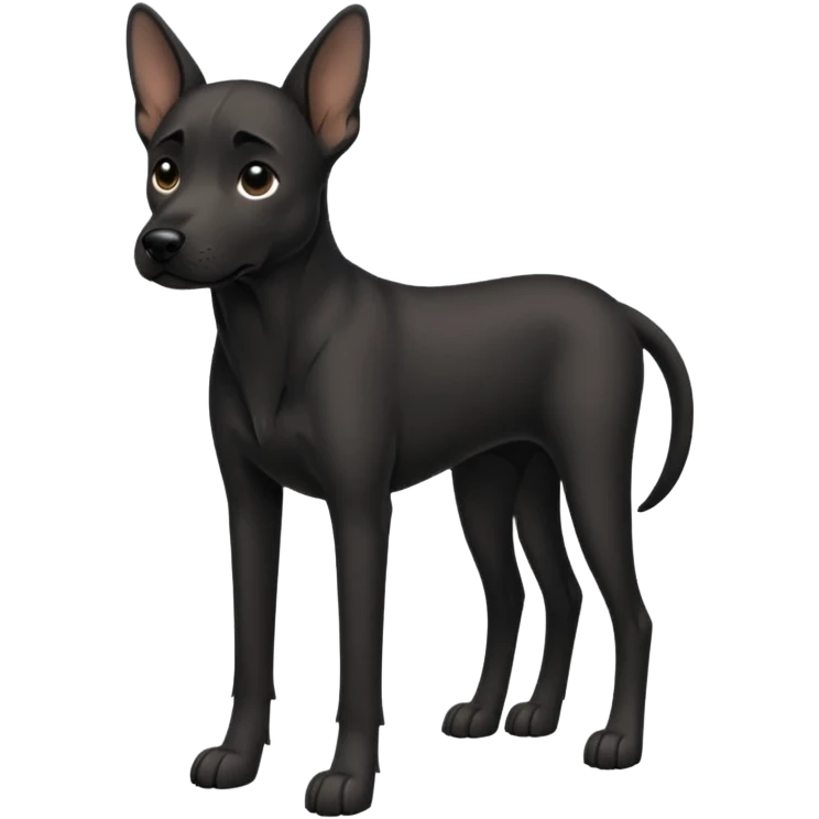 Full black dog like full body dog emoji, Drooping ears, short muzzle, medium coat, stocky build, slender long legs emoji