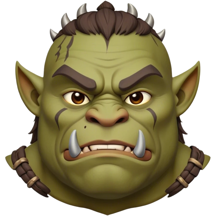 Cinematic Noble Ogre Portrait Emoji, Majestic and imposing, with a rugged, muscular form in deep earthy greens and browns, adorned with battle scars and subtle tribal markings, exuding calm, noble strength and unexpected wisdom, simplified yet strikingly detailed, glowing with a shadowy outline that captures the essence of a gentle giant with fierce heart! emoji