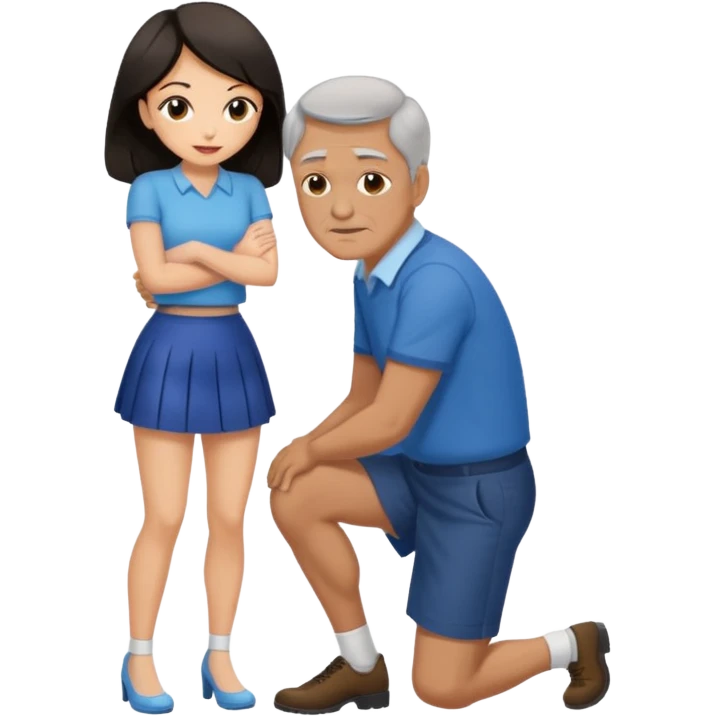 older man with dark hair on knees, facing dark haired woman in a micro mini skirt, hugging her waist emoji