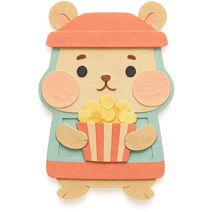 chibi popcorn machine-hamster hybrid, puffed cheeks, holding popcorn, soft pastel, full-body emoji