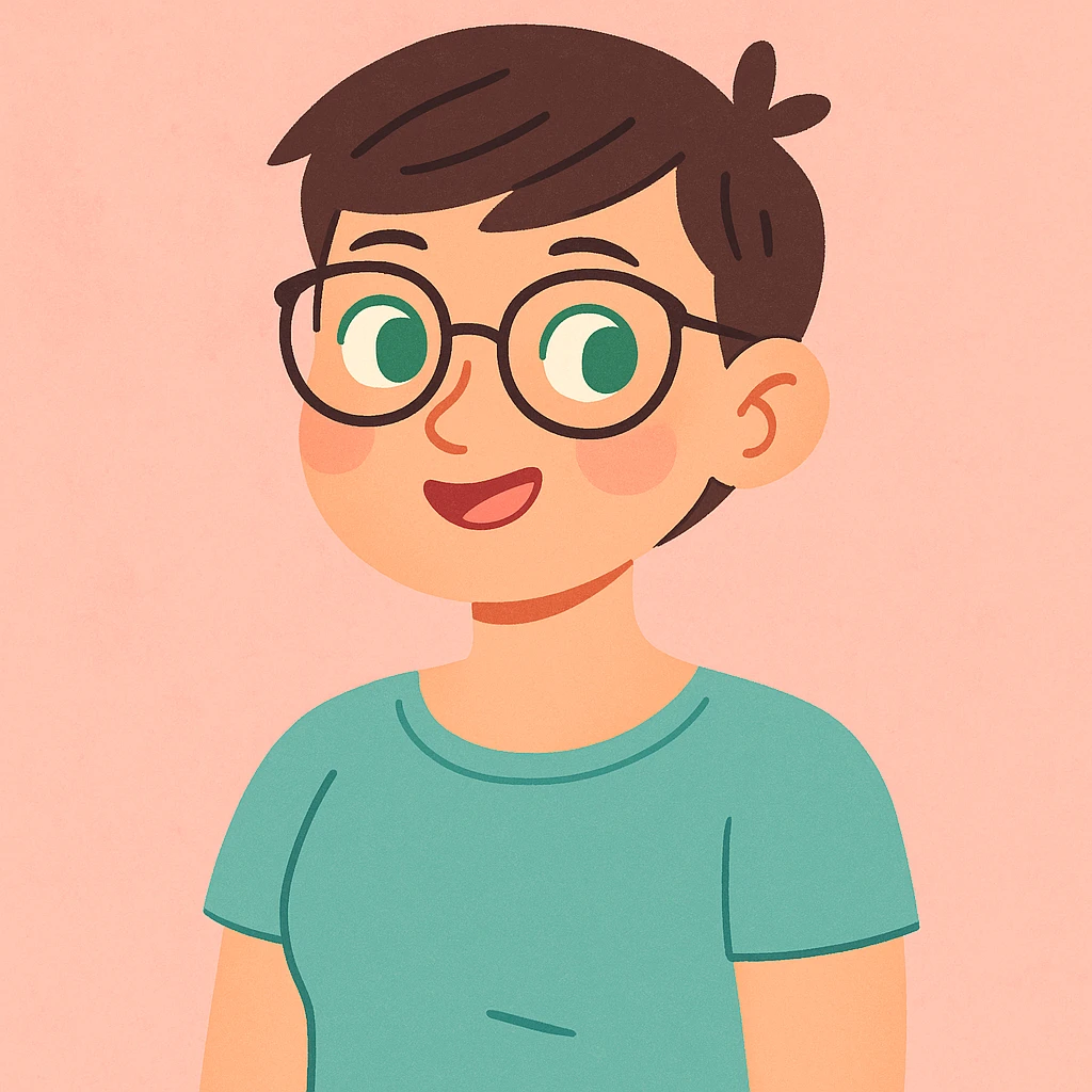 woman with a short pixie haircut, green eyes, glasses, and a short sleeve shirt, soft pastel illustration style emoji