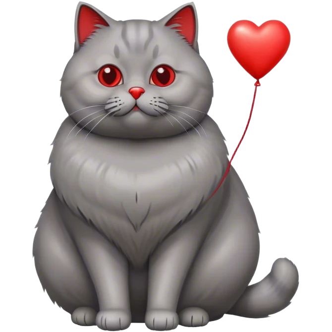 gray fat British cat and red heart metallic baloon emoji