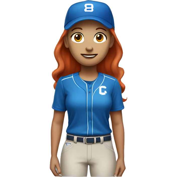 white female coach standing up with red hair in blue shirt and with a simple colored blue baseball hat emoji