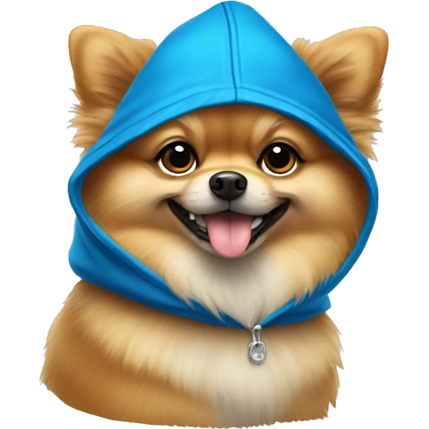 Pomeranian dog wearing blue hat and hood emoji
