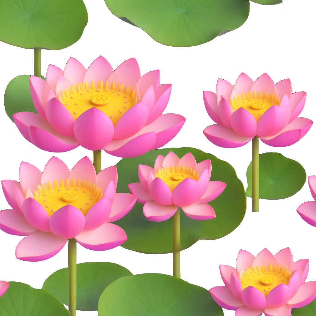 Detailed lotus flower with precise yellow seedpod center showing receptacle holes pattern, layered pink petals, and floating on botanically correct notched lotus leaf emoji