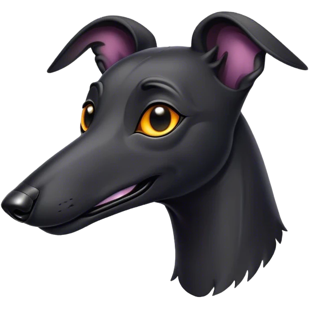 Cinematic Comical Black Greyhound Portrait Emoji, Head tilted dramatically with an exaggeratedly amused expression, featuring a glossy jet-black Fur and wide, expressive dark eyes filled with playful disbelief, Simplified yet hilariously expressive features, highly detailed, glowing with a slightly sassy glow, high shine, dramatic yet playful, stylized with an air of cheeky mischief, bright and endearing, soft glowing outline, capturing the essence of a spirited and over-the-top racer, so meme-worthy it feels like it could side-eye its way into internet fame instantly! emoji