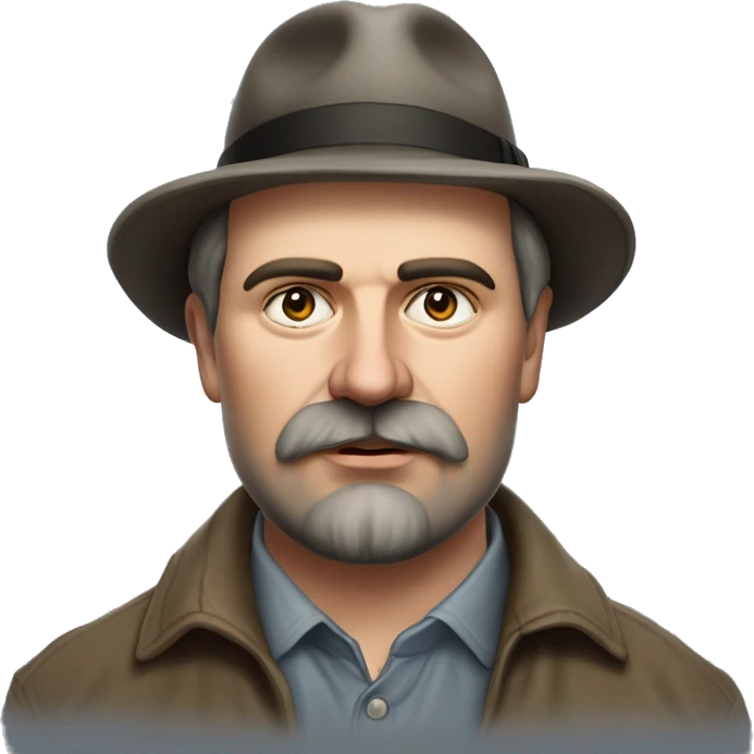 Russian writer Alexander Kuprin Photorealism A plump serious man of Slavic appearance with Small eyes with goatee beard and mustache, with a  short haircut, big detailed face, wrinkled face, wearing a fedora hat emoji
