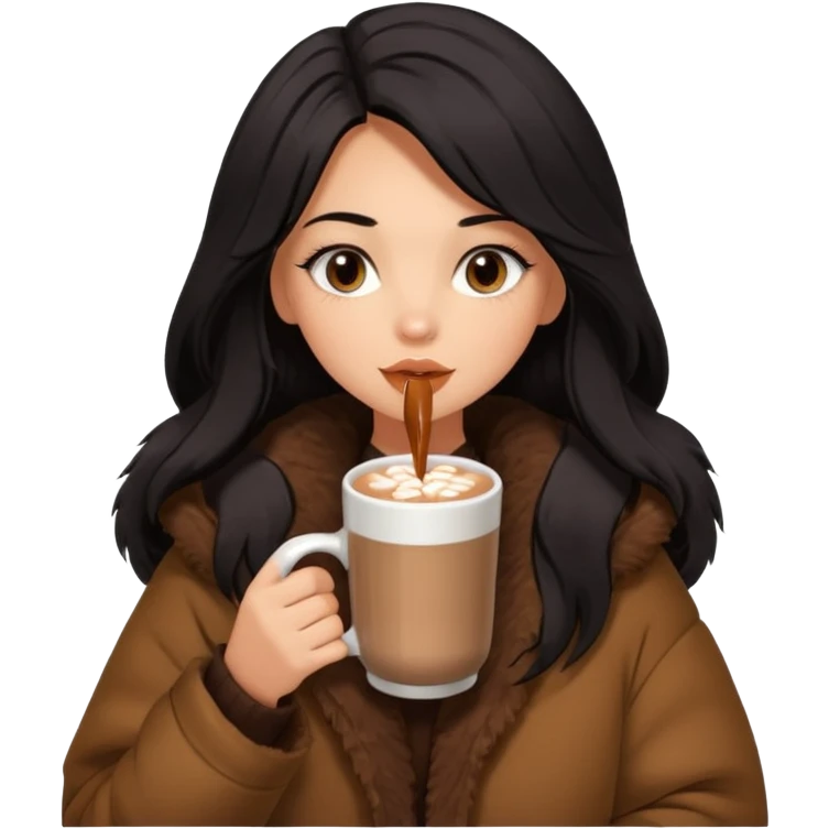 anned Girl with lashes , bright black long hair, in an extremely big fluffy brown oversized jacket, and drinking hot chocolate drink emoji