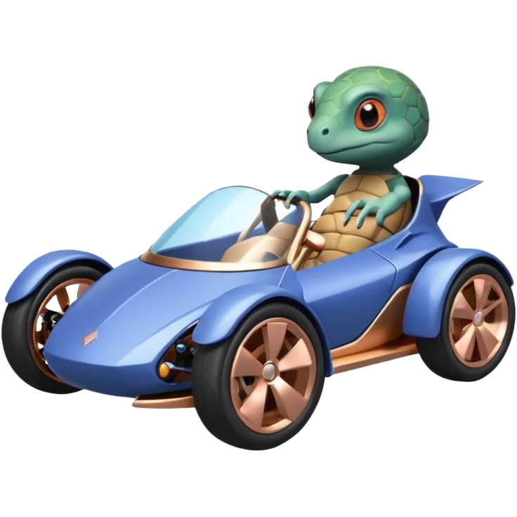 dark crystal blueberry and rosegold-accented cyber faceted-body electric racing car driven by a small cute alien relaxed turtle with rear spoiler, roll bar, and wheely bar emoji