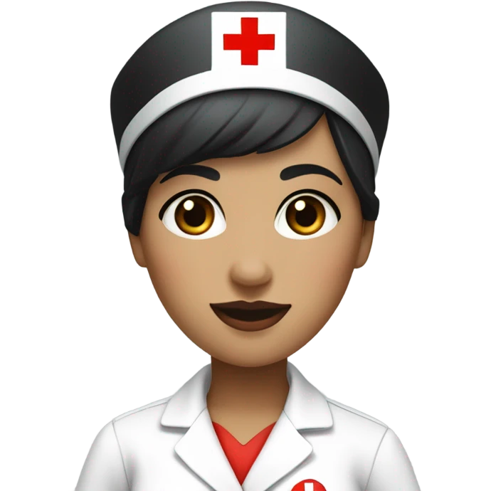 pixie cut black straight hair female nurse  hat with red cross sign in the middle wearing dress
pale skin color emoji