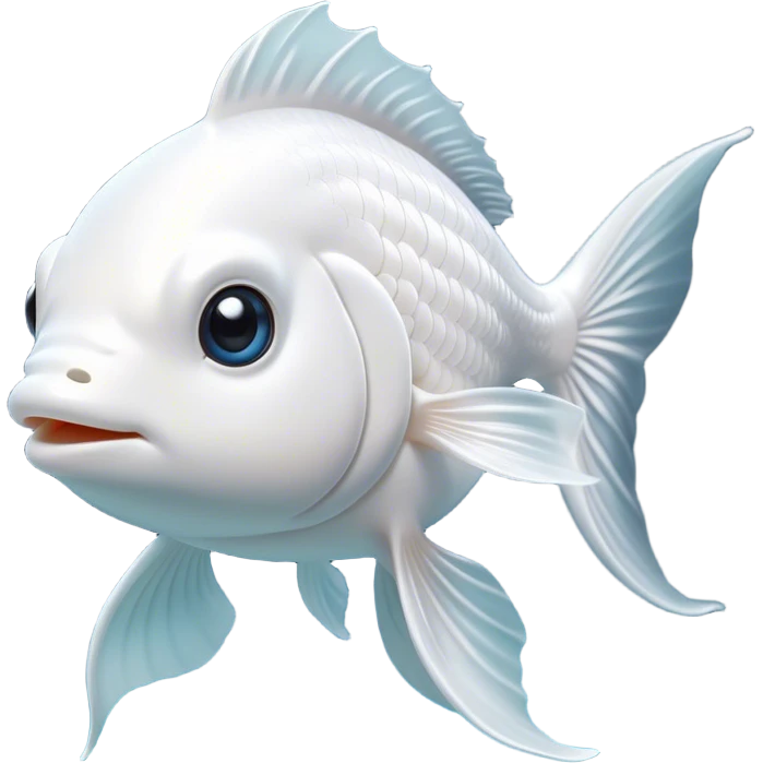 Cinematic Noble White Goldfish Portrait Emoji, Poised and regal, with a sleek, streamlined build and a luminous, pure white body, deep-set soulful pale eyes, Simplified yet sharp and sophisticated features, highly detailed, glowing with a soft, dignified glow, high shine, intelligent and graceful, stylized with an air of aquatic purity, focused and attentive, soft glowing outline, capturing the essence of a watchful and confident aquatic companion, so majestic it feels as though it could glide out of the screen with effortless authority! emoji