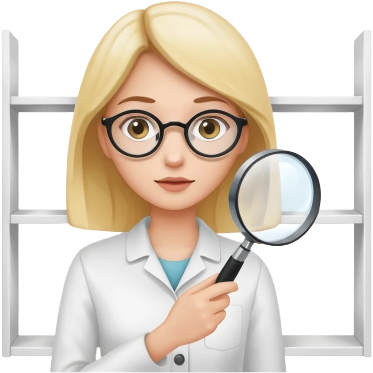 emoji of white empty shelf in perspective view with a standing woman nearby, she is looking at the shelfs with a magnifying glass emoji