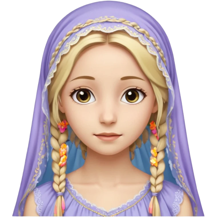 
mujer, Joven, de 25 aspecto dulce y elegante.
Piel clara, ojos grandes y expresivos, sonrisa triste.
Rubio o castaño claro, largo, con trenzas o velo.
Vestido largo cubriendole los zapatos, çde tonos suaves (blanco, azul o lavanda), con bordados dorados; toca fina cubriendo la cabeza. emoji