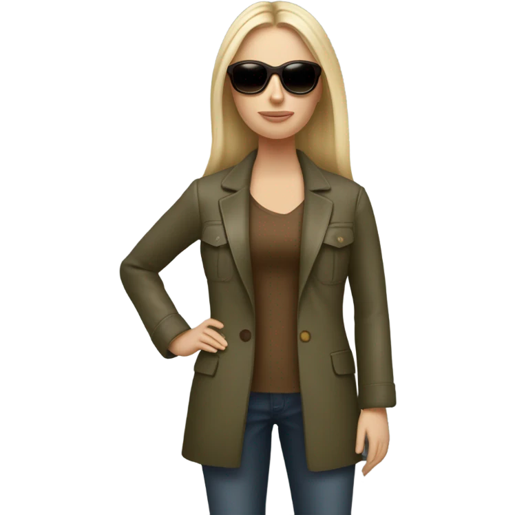 Realistic White woman with Long straight blonde hair and round sunglasses, camouflage Wool oversize blazer, bare legs and Brown leather boots  emoji