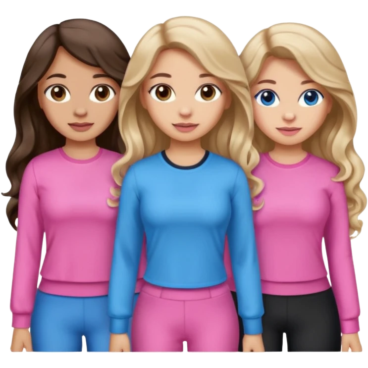 Three women, brown eyed light skin with dark blonde long hair and Brown eyed light skin black long wavy hair and blue eyed light skin long blonde hair wearing cute pink outfits emoji