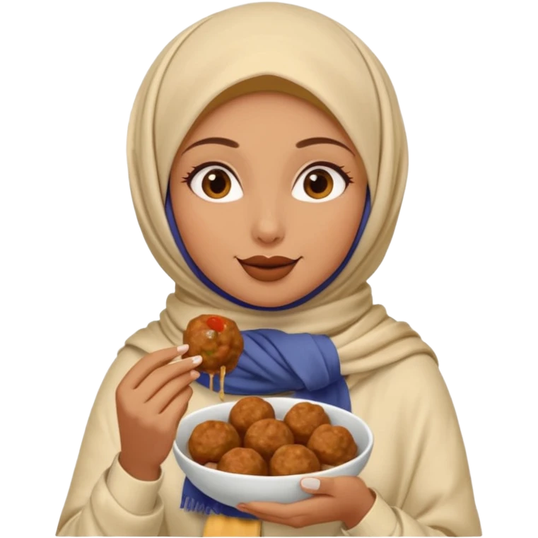 woman wearing a cream colored pashmina hijab eating meatballs emoji