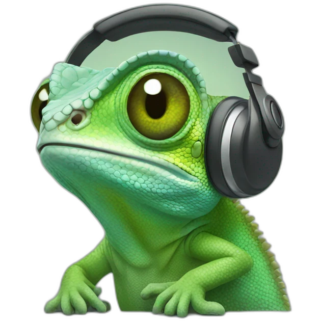 Sad chameleon with headset emoji