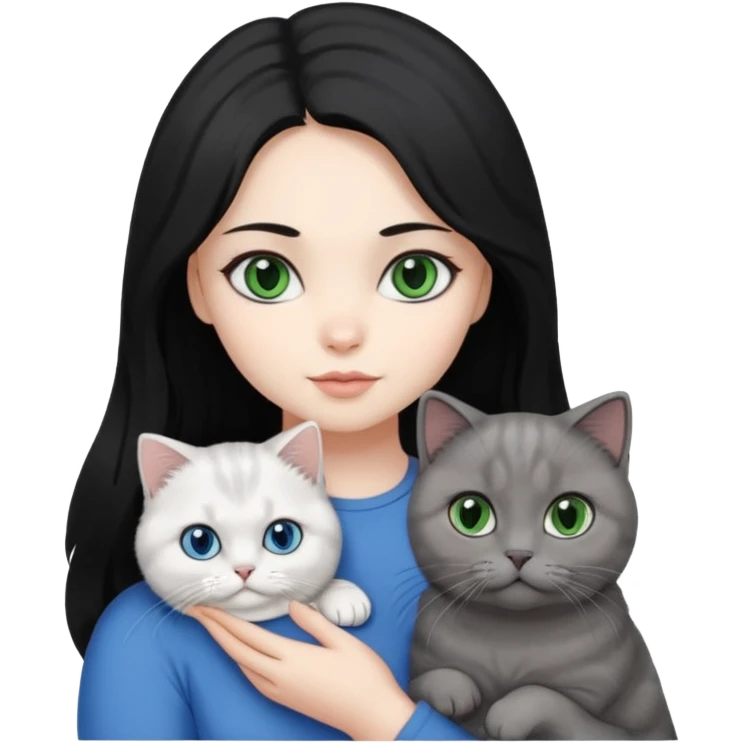 Black long hair, white skin, pretty black eyes, a woman with a gray Scottish fold green eye cat and a white blue eye cat
 emoji