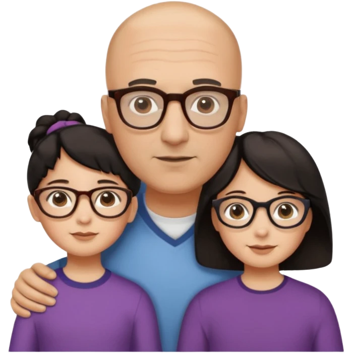 Papà calvo, mamma capelli neri occhi marroni, figlia capelli marroni mossi e occhiali tartarugati con montatura spessa occhi marroni, figlia capelli lisci marroni occhiali neri con montatura grande e fina occhi marroni  emoji