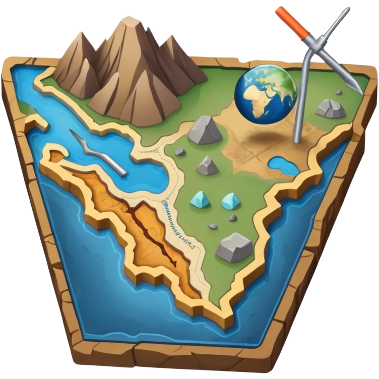 An icon featuring a crowbar and a geological map, and layers of Earth’s crust, symbolizing geology. The design includes mineral samples, fossils, and tectonic plates, representing the study of Earth’s structure and natural processes. Transparent background highlights geological exploration emoji