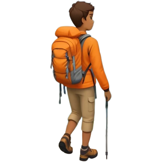 Person hiking through mountains, wearing orange jacket, carrying backpack, scenic landscape emoji