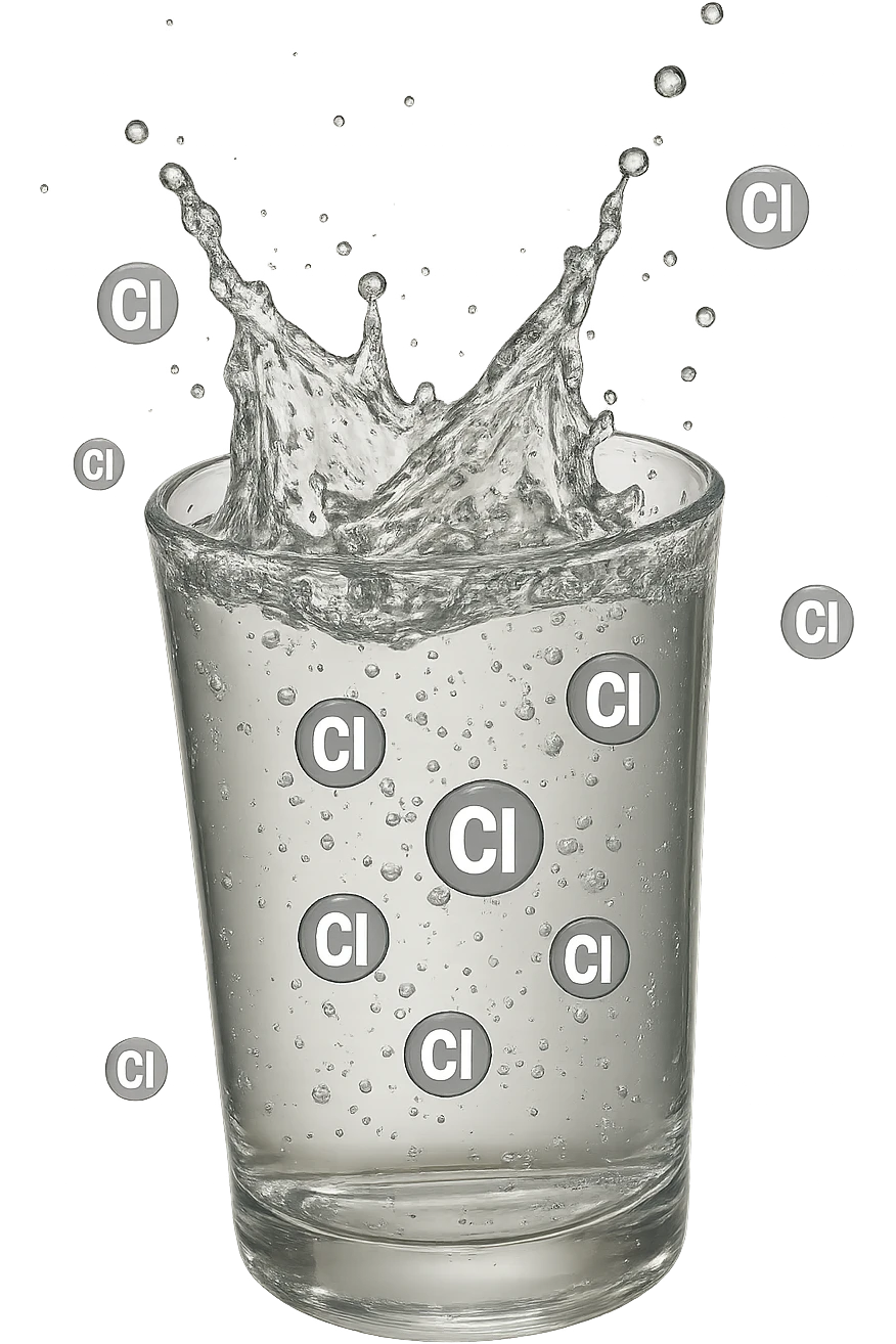 un bicchiere di acqua cade verticalmente dall'alto realistico e dettagliato, dentro l'acqua del bicchiere ci sono particelle di cloro ben visibili con la scritta "Cl" sopra, ci sono particelle anche che escono dal bicchiere e fluttuano in aria verticalmente, mentre alcune sono all'interno dell'acqua nel bicchiere, iperrealistico 4k emoji