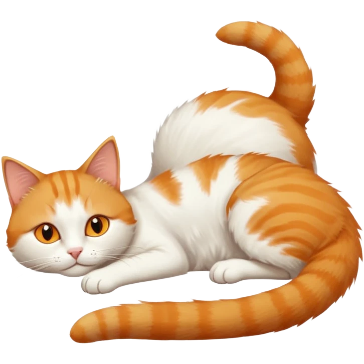 ginger and white cat with orange eyes doing a big extremely long stretch reaching up into the air with arms and legs side by side together straight and overextended whilst lying on its side emoji