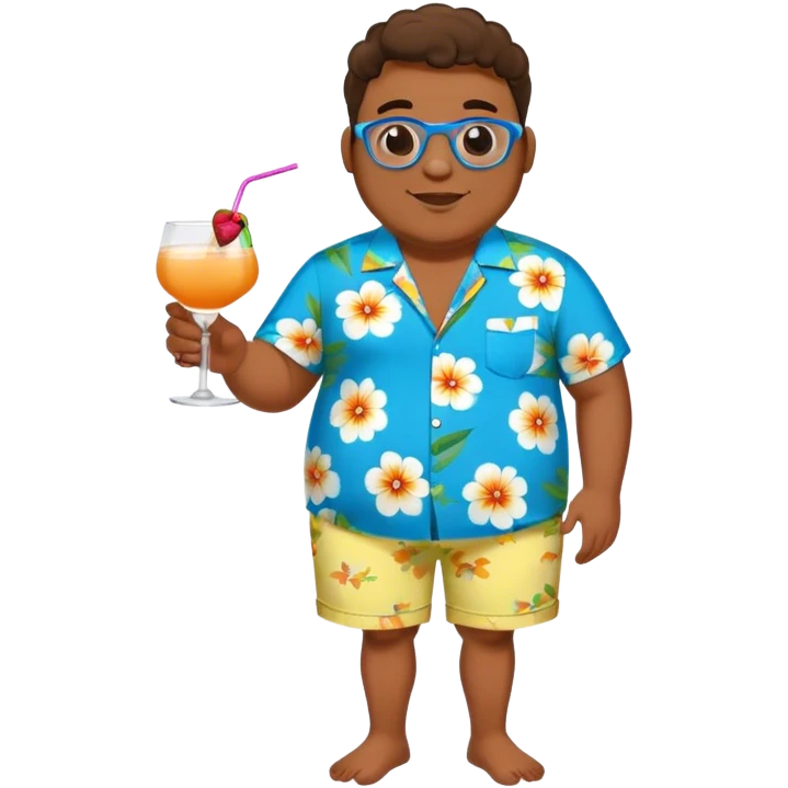chubby guy full figure in a flowered azure havai shirt, brown shorts and flippers holding a cocktail emoji