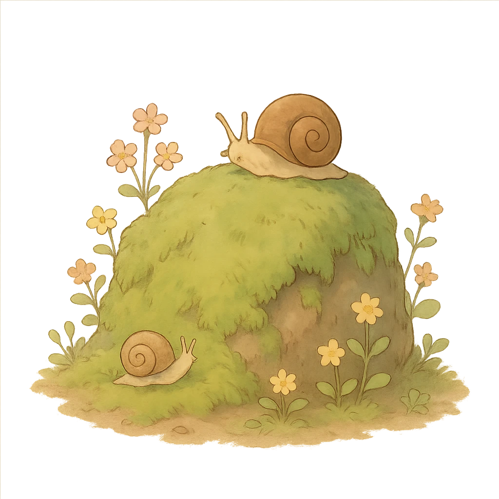 mossy rock with snails and small flowers in earthy pastel colors, ghibli style emoji