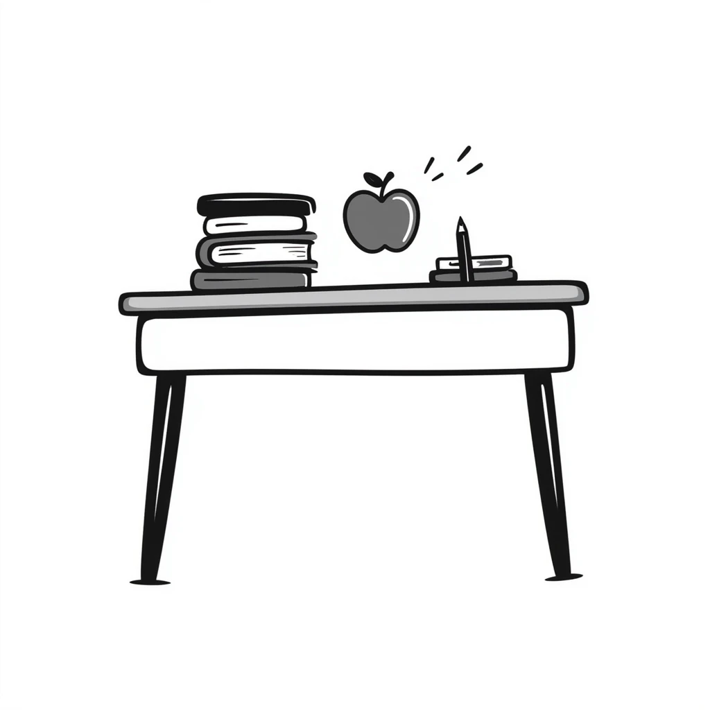 school desk viewed from front, hand drawn doodle style emoji