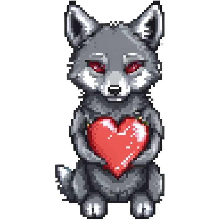 black and red wolf hugging a heart pixel art emoji