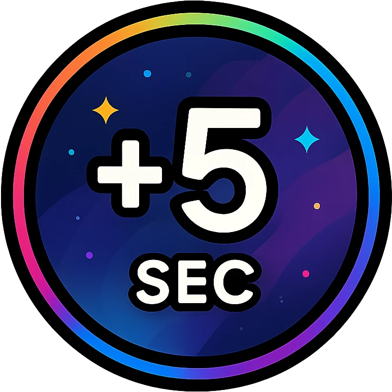 +5 sec icon with dark purples, blues, black base, neon glowing border, sophisticated nebula gradients, subtle small stars, clean lines, minimalistic, luminous effect, accent colors cyan, pink, yellow, green, orange, professional look, consistent with media controls set emoji