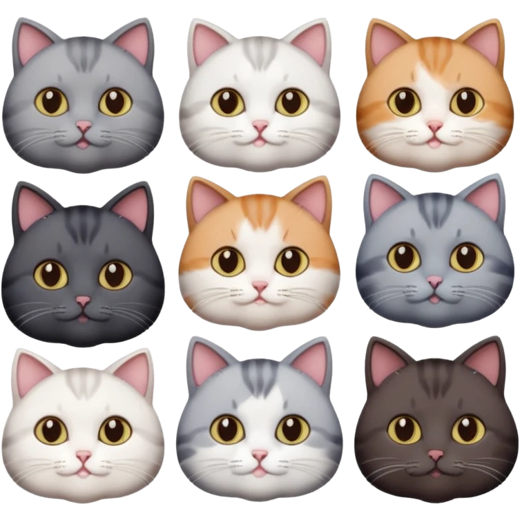 4 different coloured short haired cats including; a dark brown and white cat, and a dark grey and white  emoji