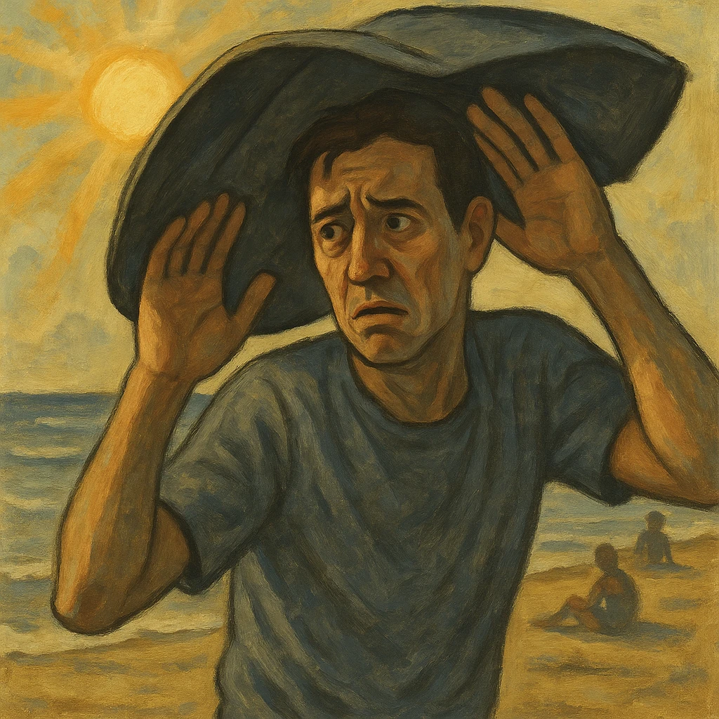 Create a symbolic, semi-realistic outdoor scene (beach or park) featuring a man with expressive, worried body language. The man is raising his hands or using an umbrella or large hat to block natural, warm sunlight. He looks uncomfortable or fearful, as if trying to protect himself from the sun. Use muted colors and an expressive, semi-realistic style symbolizing misunderstanding about sunlight and health. Use the reference image for facial features and general appearance. emoji