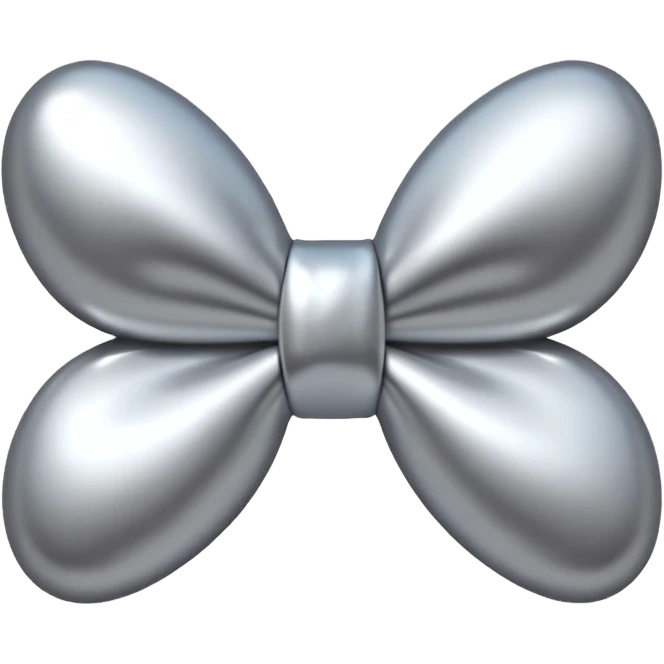 A cute bow emoji made of polished silver chrome, smooth rounded loops, glossy metallic surface, soft mirror reflections, subtle highlights, minimal and adorable proportions, iOS emoji style, centered composition, clean white background, soft studio lighting, no text, no outline, ultra high quality emoji