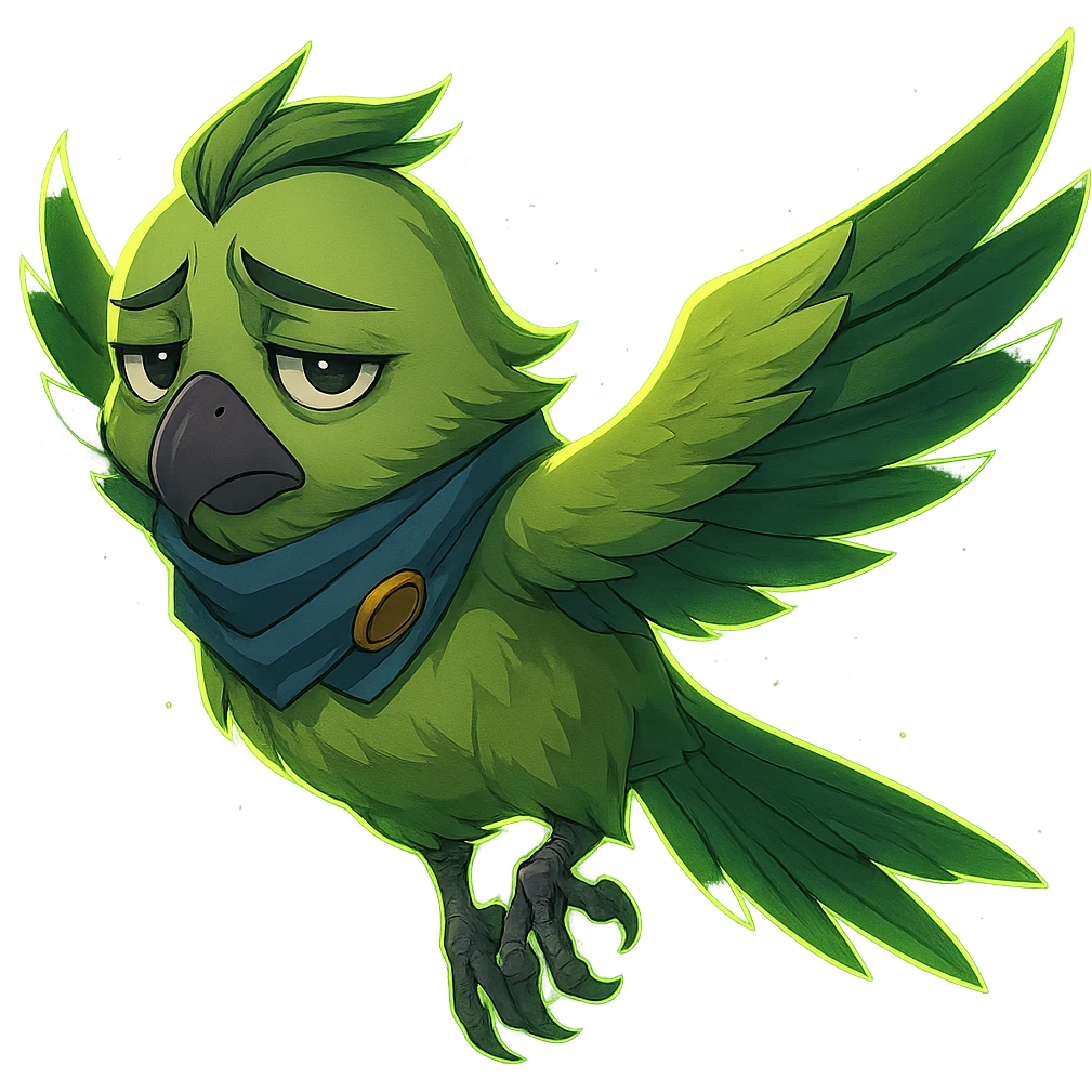 Add a glowing aura to the detailed anime style green bird inspired by Valorant agent Falko, flying and looking sad, with no background. Preserve the detailed anime style and the green bird's characteristics. emoji