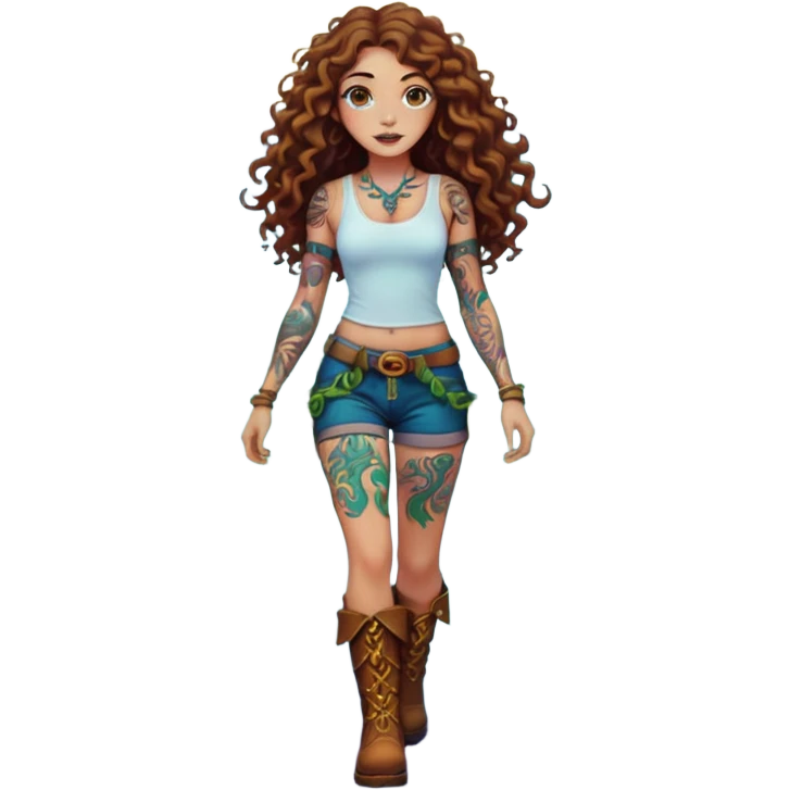 full body view of a woman with long curly brown hair, brown eyes, white skin, tattoos, walking forward through psychedelic fog, glowing vines wrapping around her boots emoji