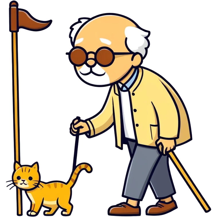  old blind man and his walking stick with golden cat ￼ emoji