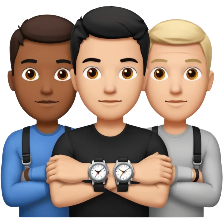 4 different men wearing black strap watches on their wrists portraits, head and shoulders only, watches clearly visible on arms, diverse face shapes and skin tones, 3D cartoon, mobile game icon style, clean background, no text, no watermark
 emoji
