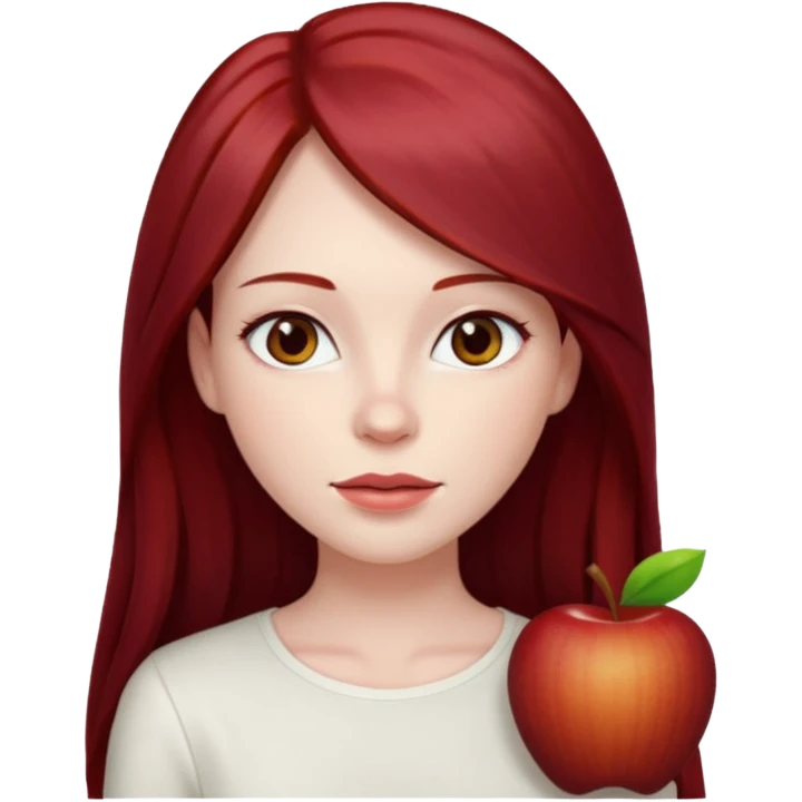 woman, pale skin, long straight dark red hair with layers, brown eyes, white top, apple emoji style emoji