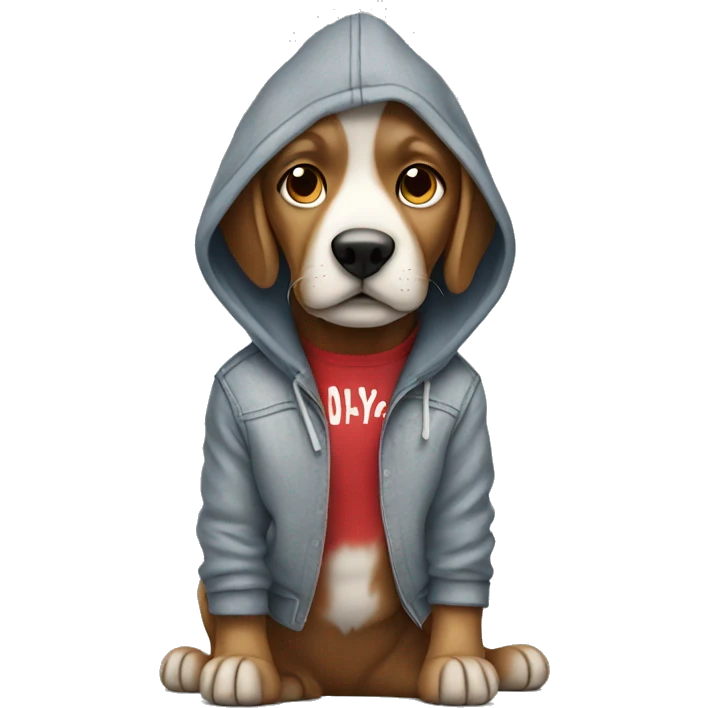 Dog wearing a hoodie gray a Jean and shoes color red emoji
