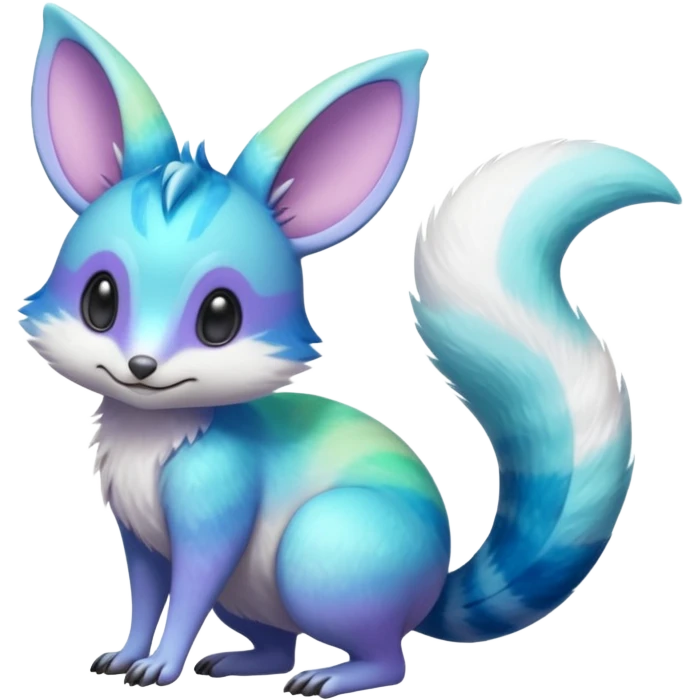 Iridescent Neon Green-Cyan-Blue-Purple-gradients Minccino-Emolga-Numbat-Sergal-fusion-hybrid-animal-creature, full body emoji