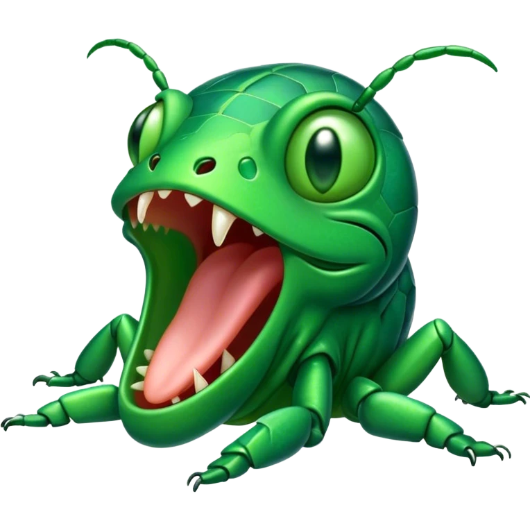 Cinematic Cute Yawning Green Bugdie Portrait Emoji, Head tilted slightly with a dramatic, wide-open yawn, showcasing a smooth, vibrant emerald exoskeleton with delicate patterns and tiny drooping antennae, round multifaceted eyes barely open in drowsy contentment, Simplified yet irresistibly adorable features, highly detailed, glowing with a soft, cozy glow, high shine, relaxed yet expressive, stylized with a touch of whimsy, bright and endearing, soft glowing outline, capturing the essence of a sleepy yet endearing insect, so drowsy it feels like it could stretch out of the screen and curl up for a nap! emoji