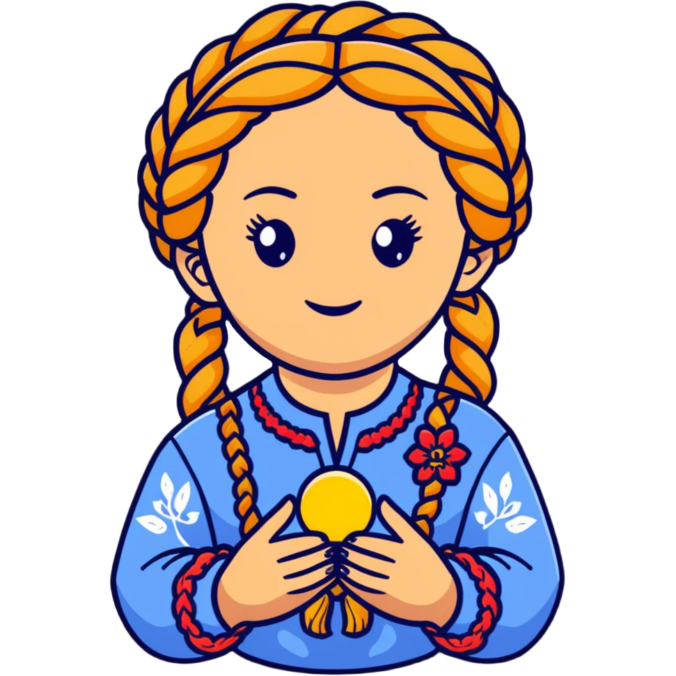 Ukrainian young girl with braided hair wearing traditional vyshyvanka embroidered shirt holding the sun in her hands emoji