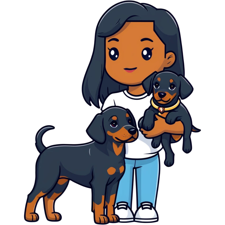 Black girl with long hair holding a Doberman dog emoji