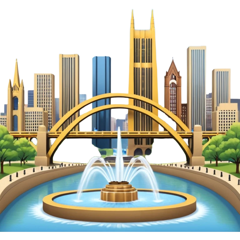 cinematic realistic emoji of Pittsburgh with wide city view featuring iconic landmarks Point State Park Fountain PPG Place US Steel Tower famous bridges lifelike detail accurate colors bright daytime lighting no sky no clouds transparent background emoji