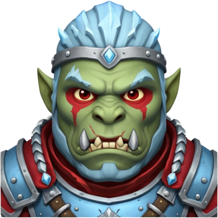 
Fantasy Christmas orc legion soldier icon, iron tundra army theme, heavy winter armor, disciplined brutal look, icy blue steel armor with deep crimson accents, frozen metal texture, cold winter atmosphere, male variant emoji