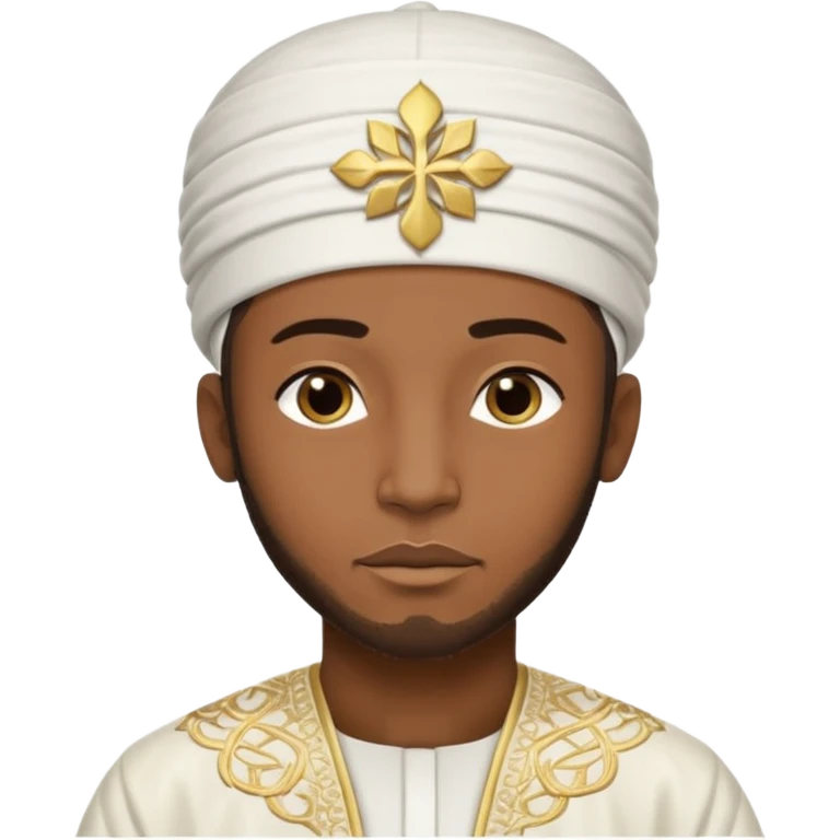 Muslim Black man of West African origin, deep brown skin, dressed in a white bazin riche with embroidery, kufi cap, standing in a warm sunset atmosphere, calm and spiritual look, photo realistic, cinematic lighting, 4K, high detail. emoji